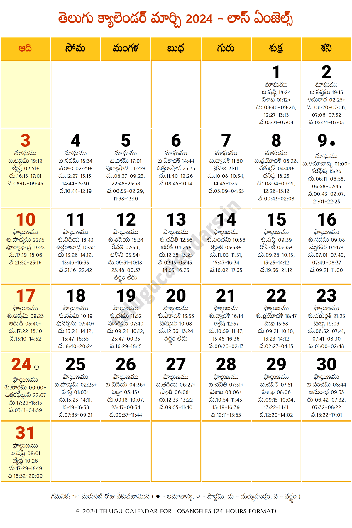 Los Angeles 2024 Telugu Calendar March