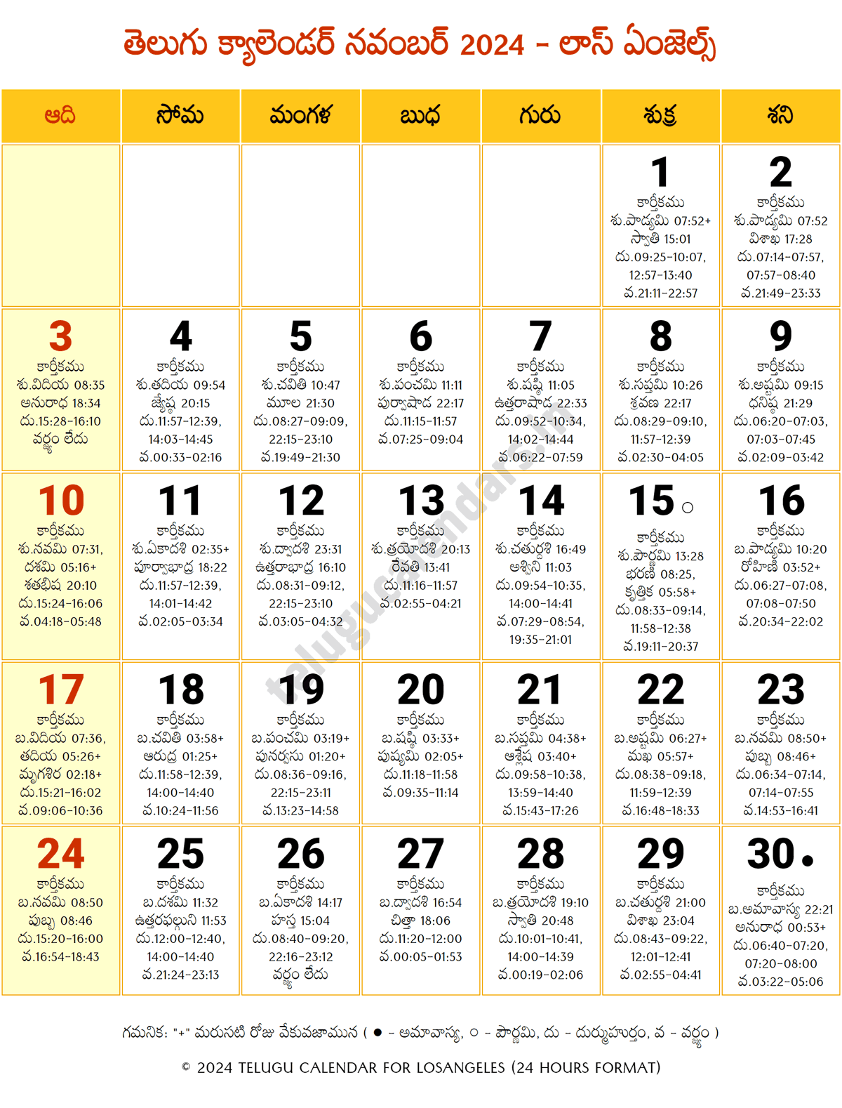 Los Angeles 2024 Telugu Calendar November
