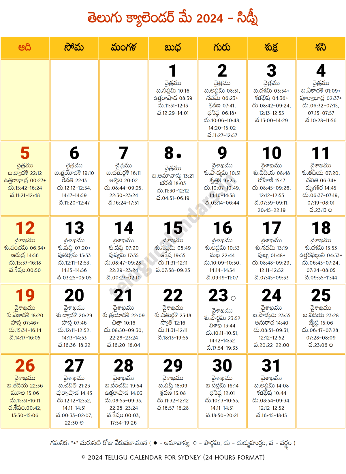 Sydney 2024 Telugu Calendar May