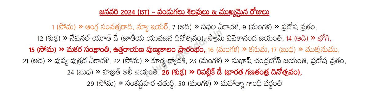 Telugu Festivals 2024 January (IST)