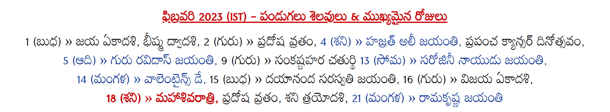 Telugu Festivals 2023 February (IST)