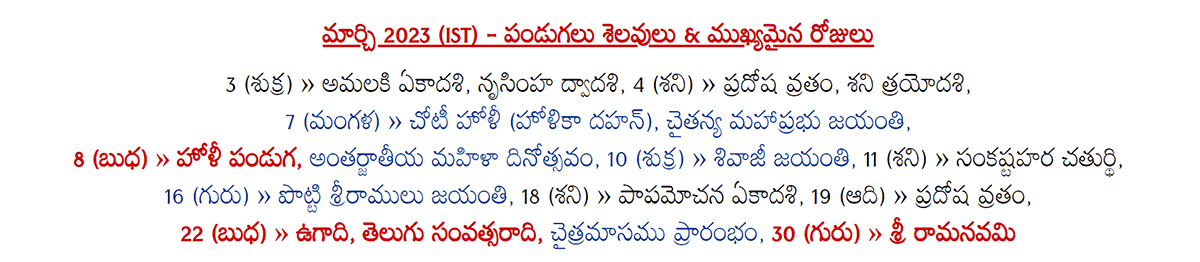 Telugu Festivals 2023 March (IST)