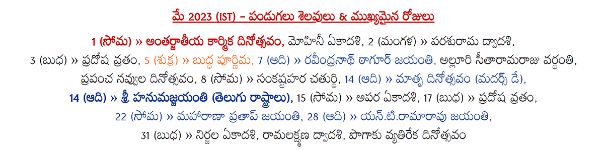 Telugu Festivals 2023 May (IST)