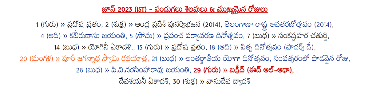 Telugu Festivals 2023 June (IST)