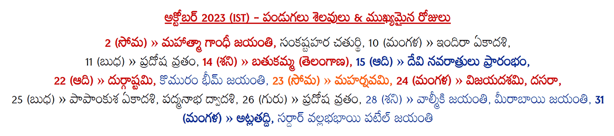 Telugu Festivals 2023 October (IST)