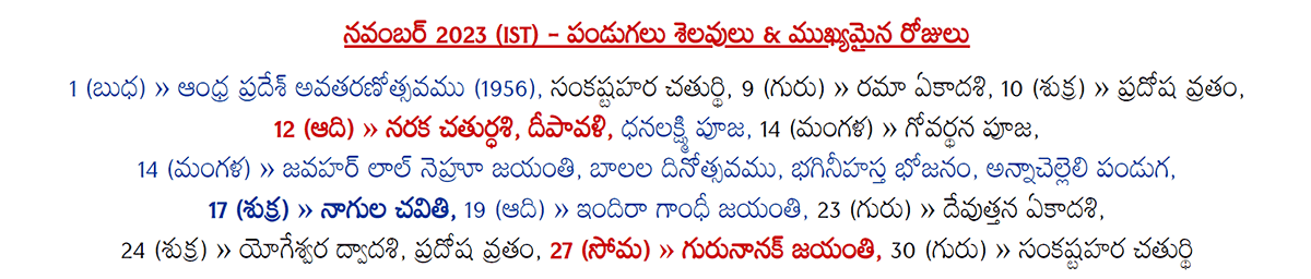 Telugu Festivals 2023 November (IST)