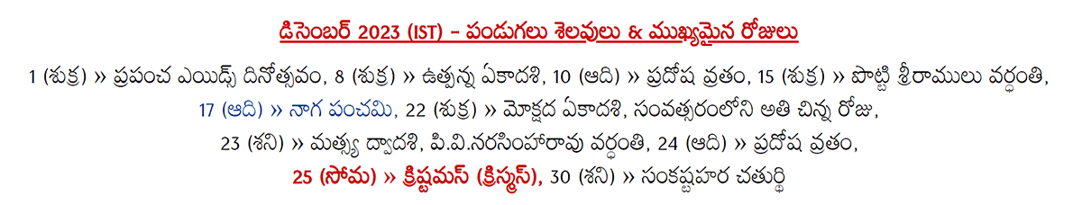 Telugu Festivals 2023 December (IST)