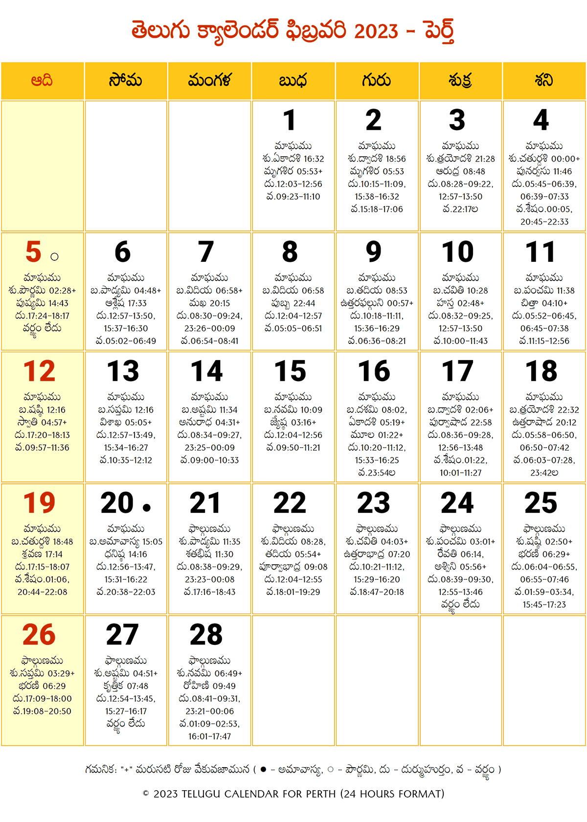 February 2023 Telugu Calendar Perth