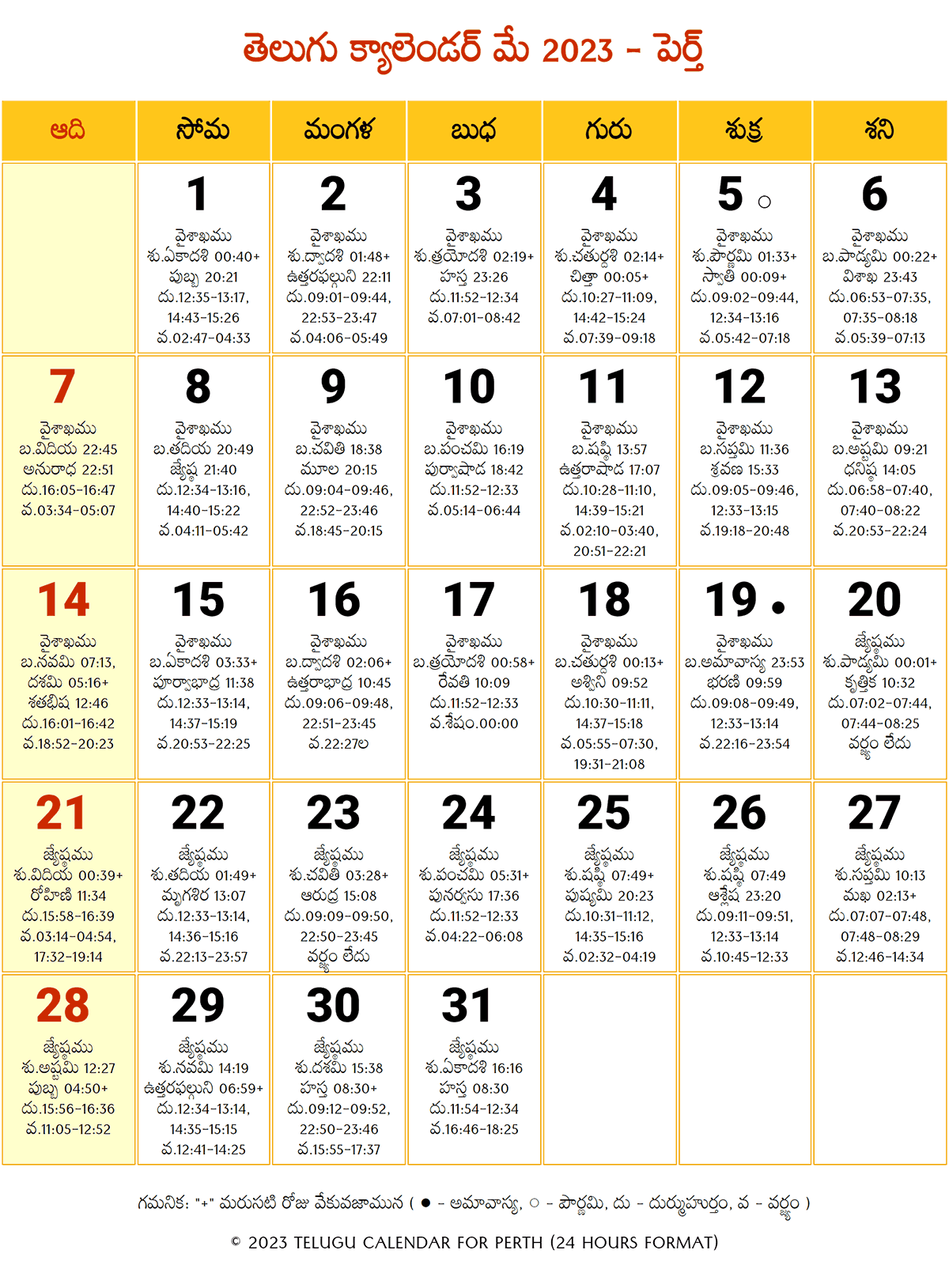 May 2023 Telugu Calendar Perth