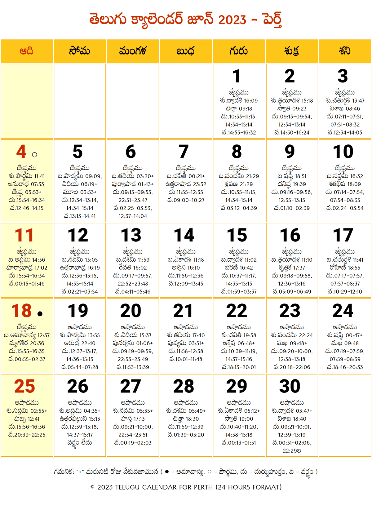 June 2023 Telugu Calendar Perth