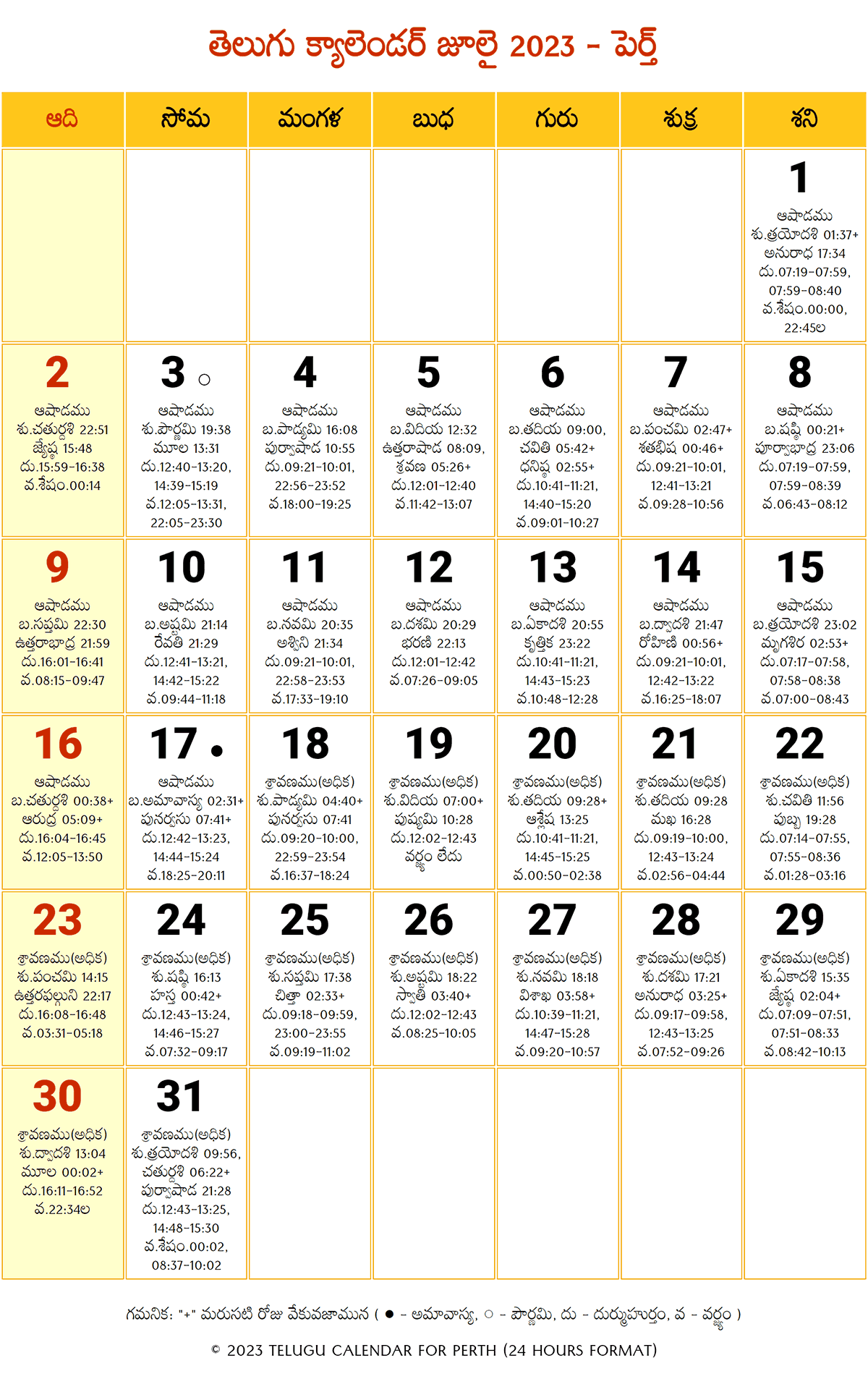 July 2023 Telugu Calendar Perth
