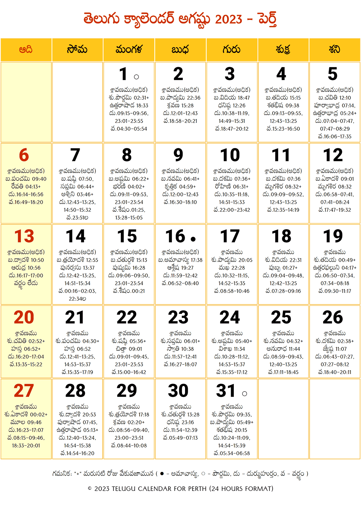 August 2023 Telugu Calendar Perth