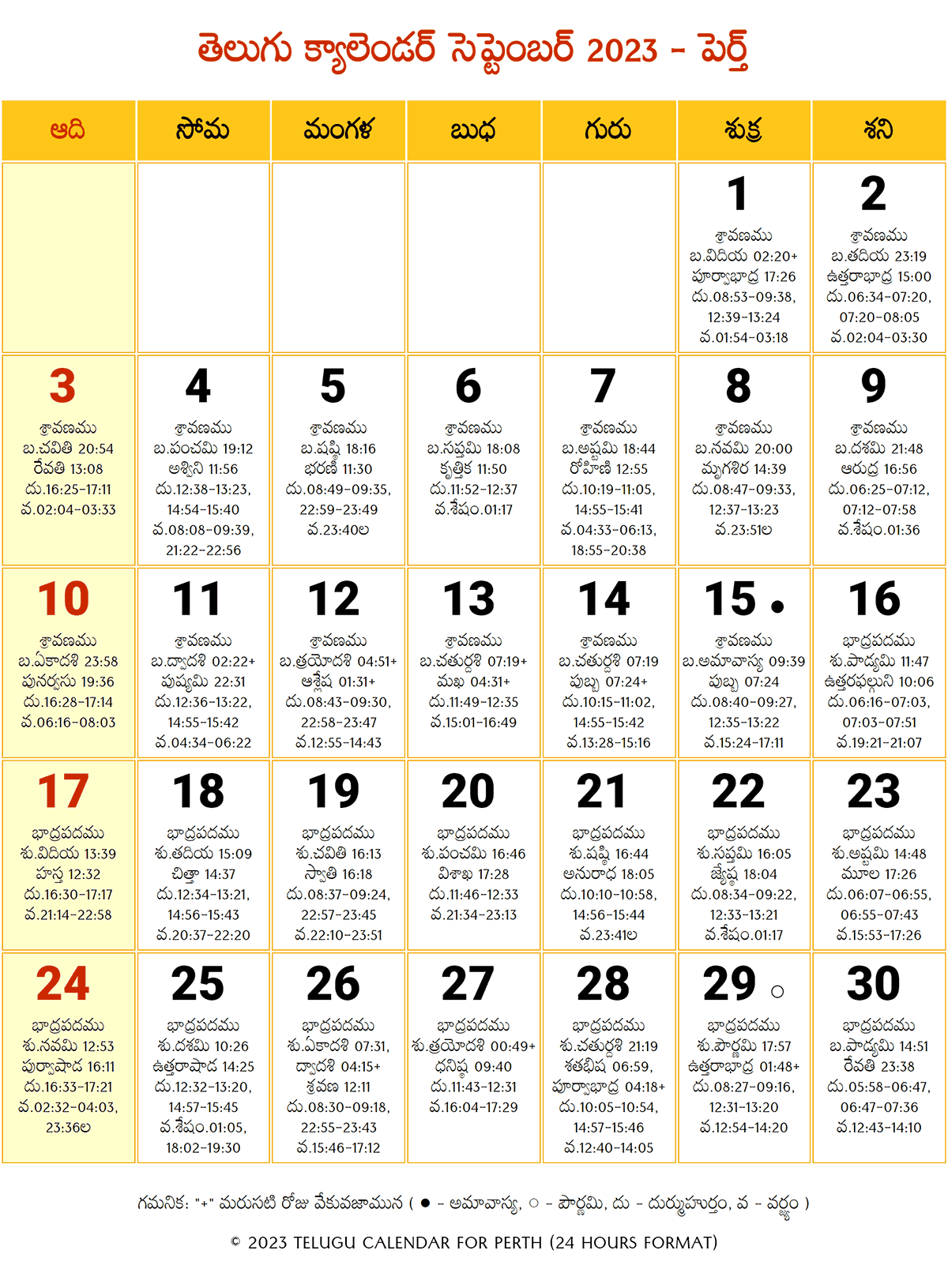 September 2023 Telugu Calendar Perth