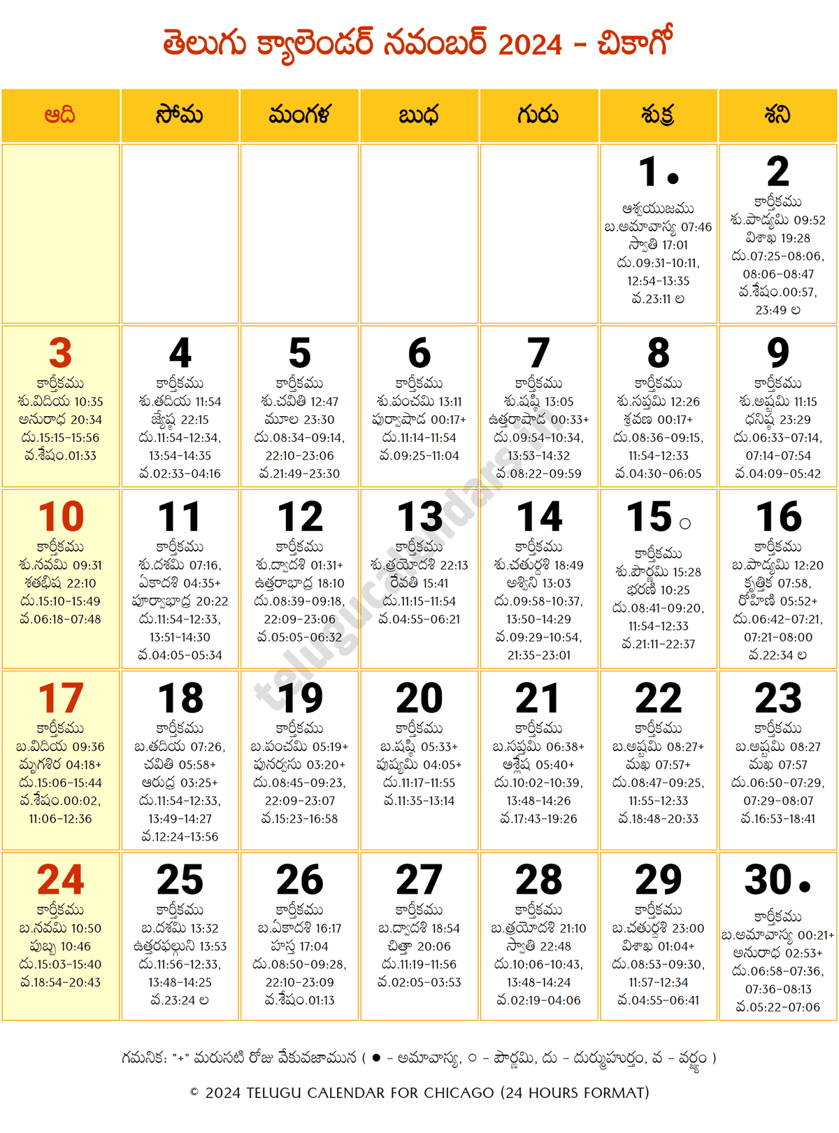 Chicago 2024 Telugu Calendar November