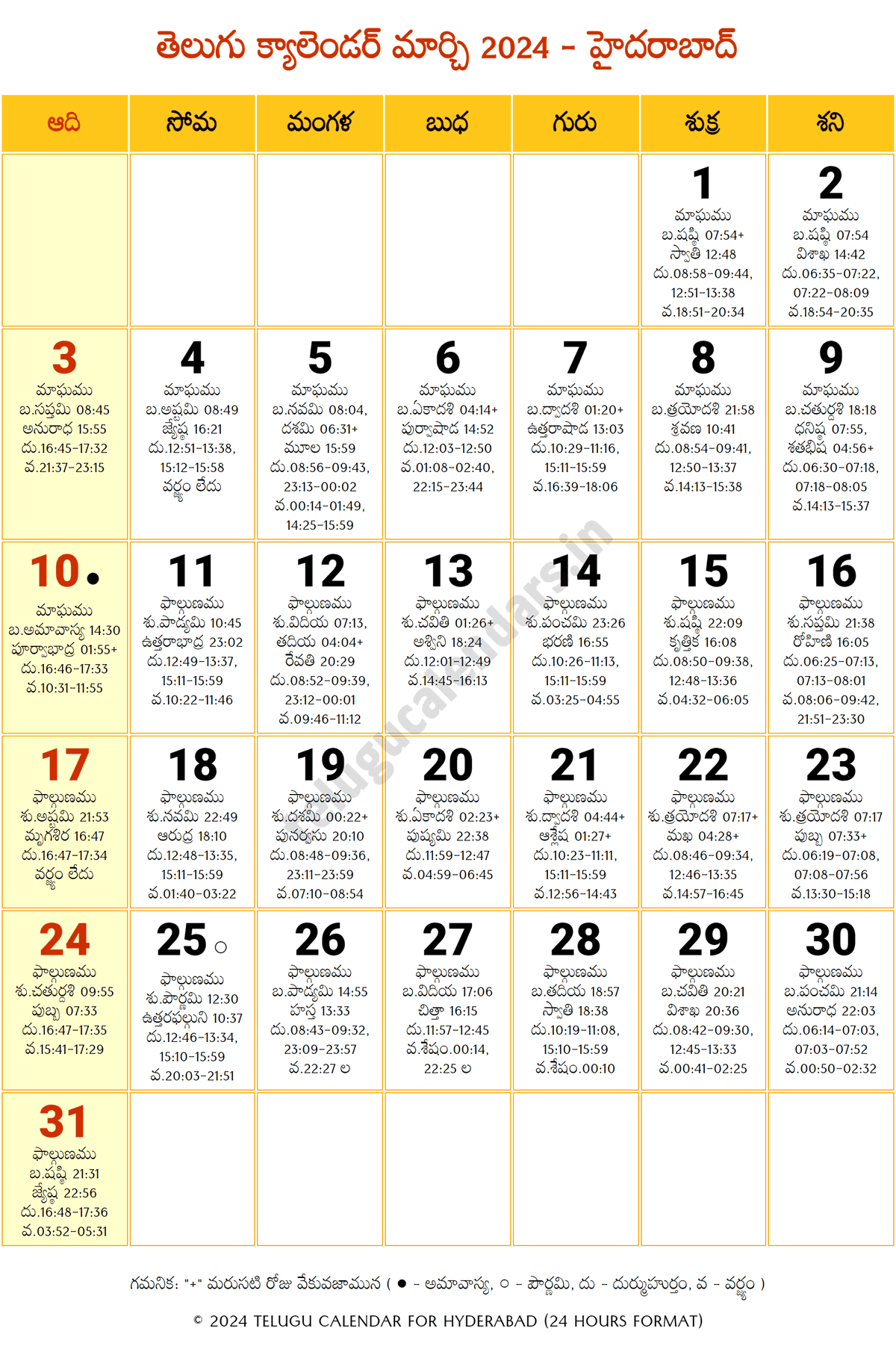 Telangana 2024 Telugu Calendar March