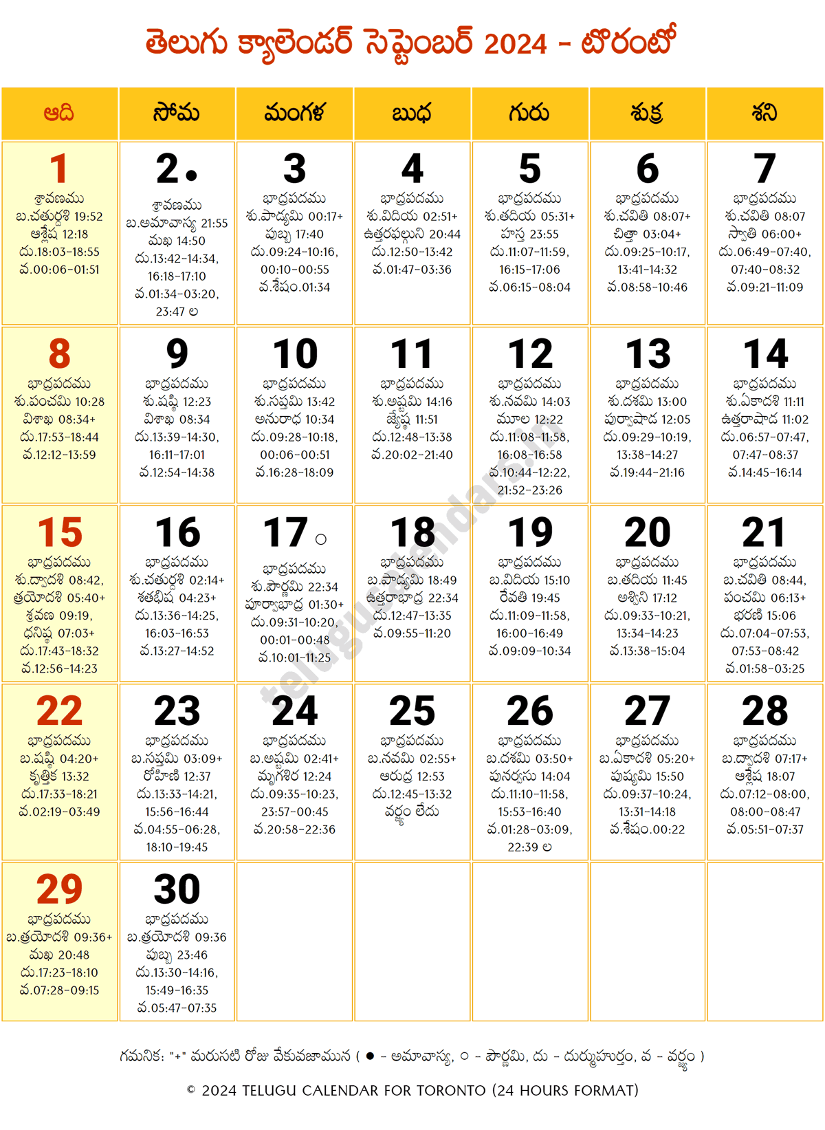 Toronto 2024 Telugu Calendar September