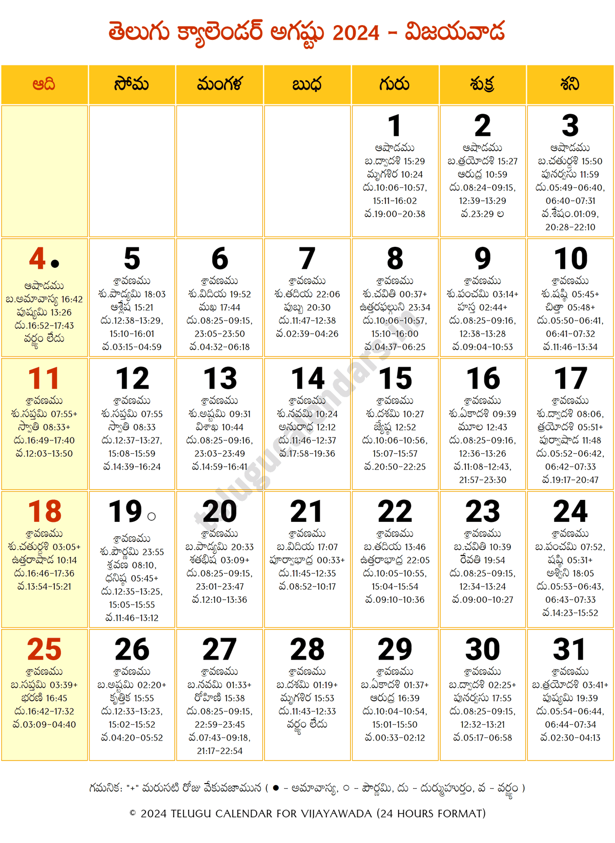 Andhra Pradesh 2024 Telugu Calendar August