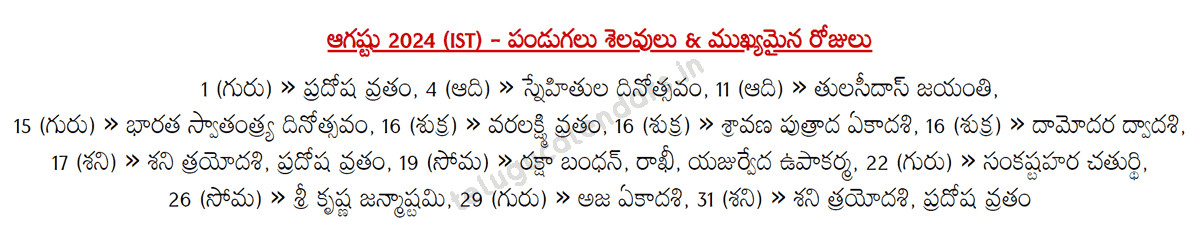 Telugu Festivals 2024 August (IST)